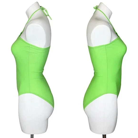 Pastel High-Leg O-Ring Halter One-Piece Swimsuit in Lime Green - Picture 5 of 11